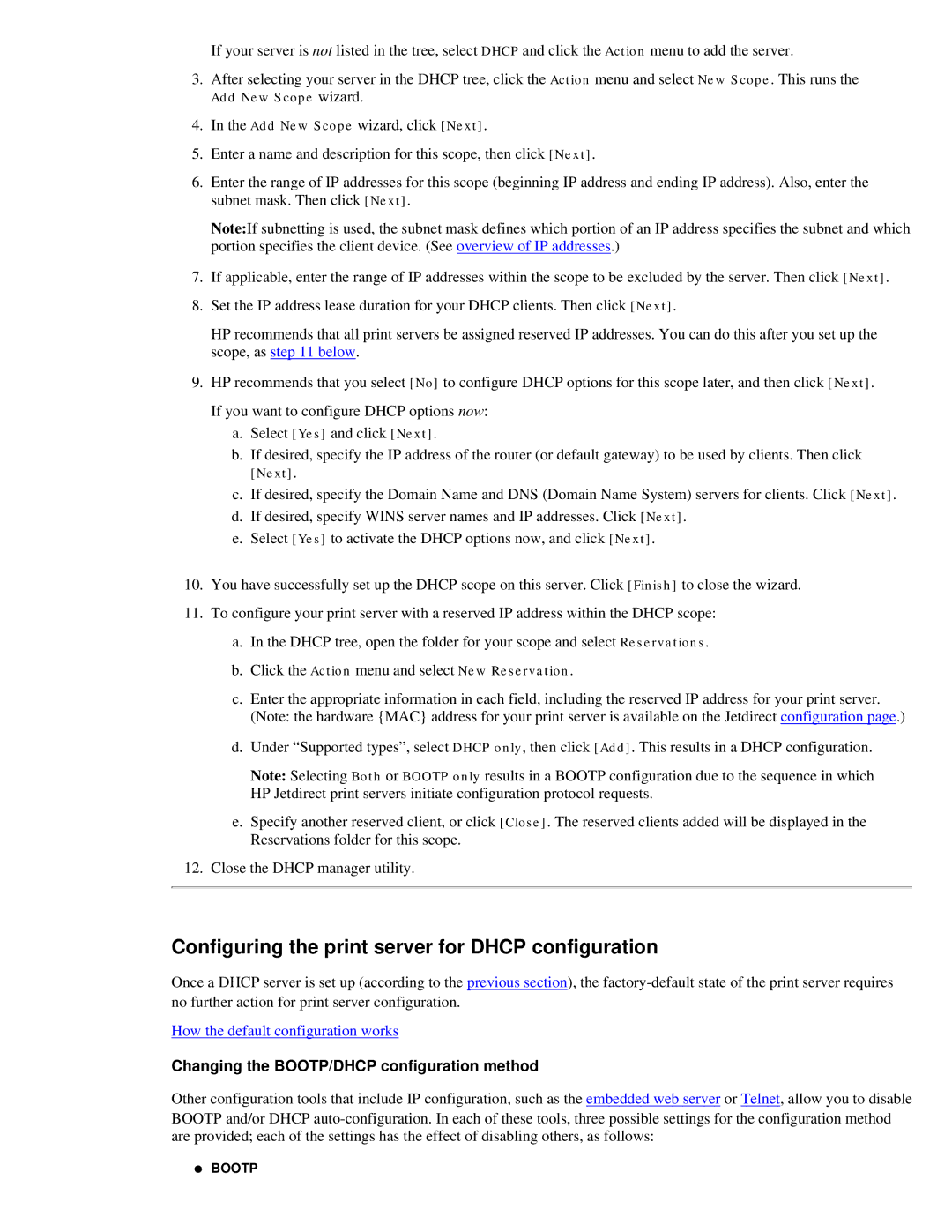 HP 310X, 175X manual Configuring the print server for Dhcp configuration, Changing the BOOTP/DHCP configuration method 