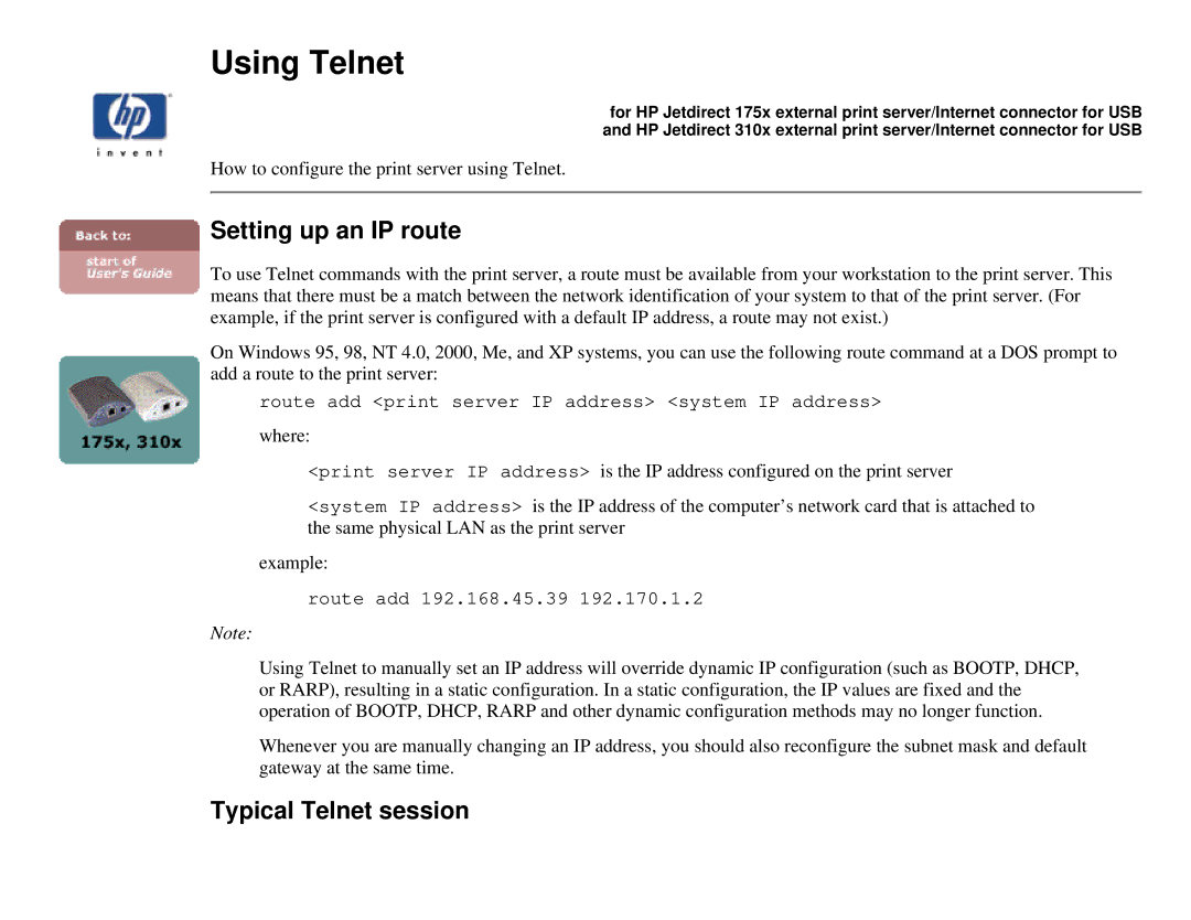 HP 310X, 175X manual Using Telnet 