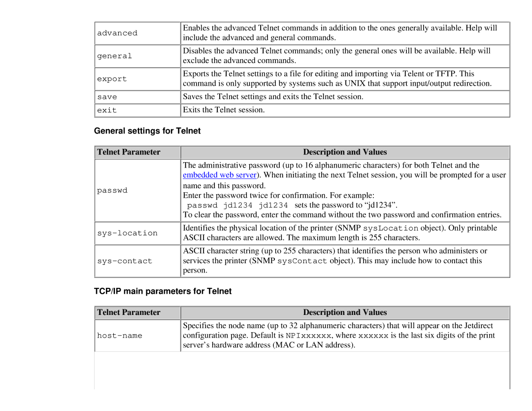 HP 175X, 310X manual General settings for Telnet, TCP/IP main parameters for Telnet 