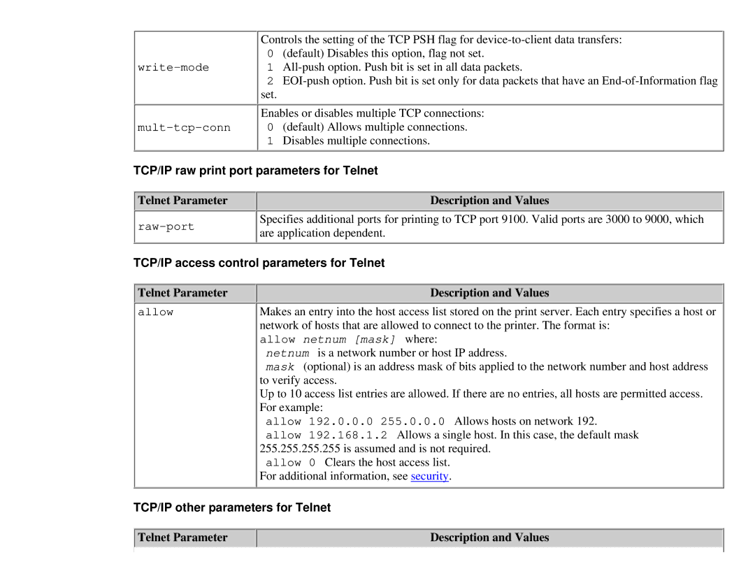 HP 310X, 175X manual TCP/IP raw print port parameters for Telnet, TCP/IP access control parameters for Telnet 