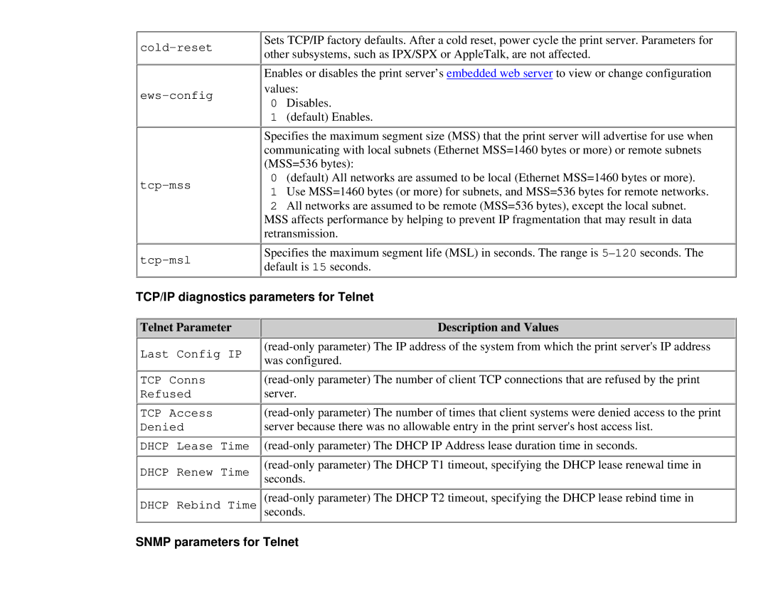 HP 310X, 175X manual TCP/IP diagnostics parameters for Telnet, Snmp parameters for Telnet 