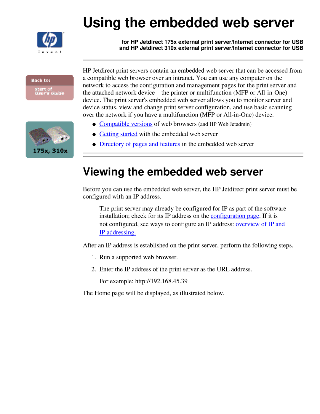 HP 310X, 175X manual Using the embedded web server 