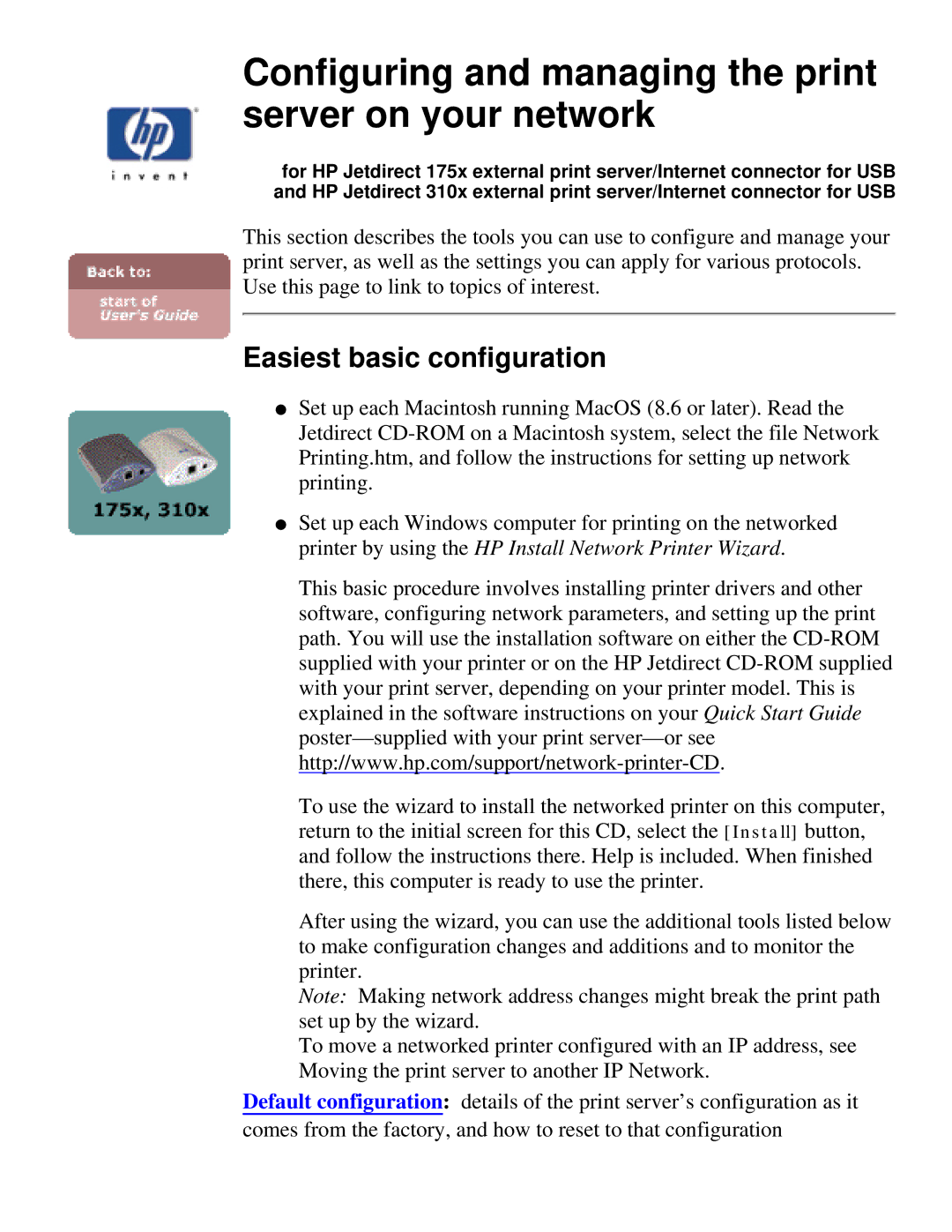 HP 175X, 310X manual Configuring and managing the print server on your network, Easiest basic configuration 