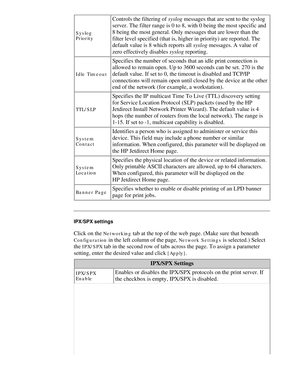 HP 175X, 310X manual IPX/SPX Settings 