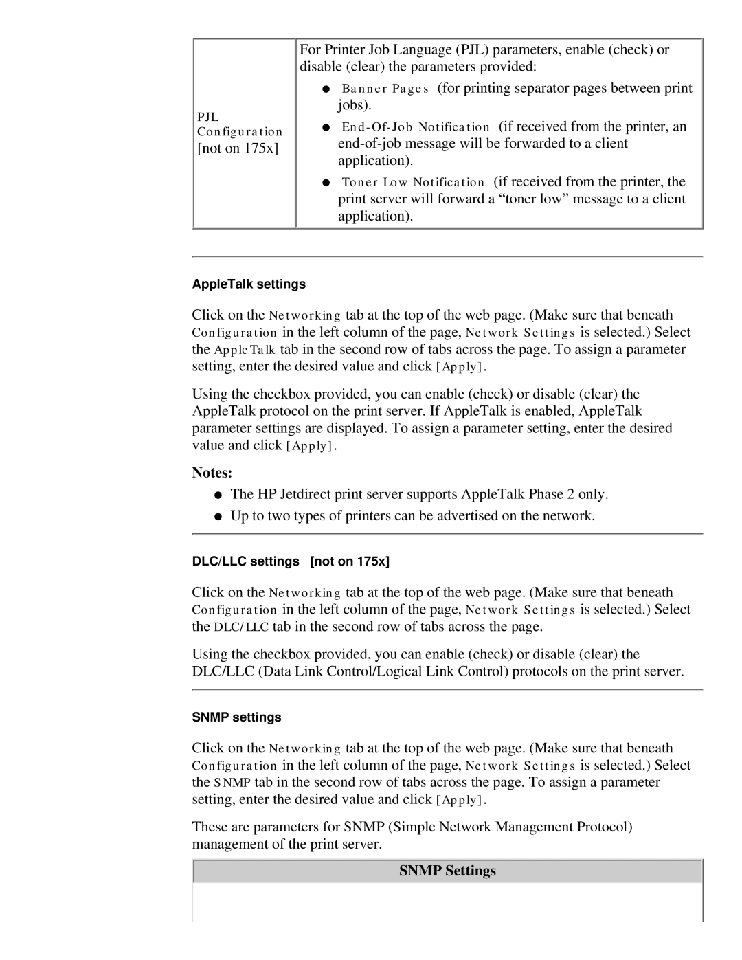 HP 175X, 310X manual Snmp Settings 