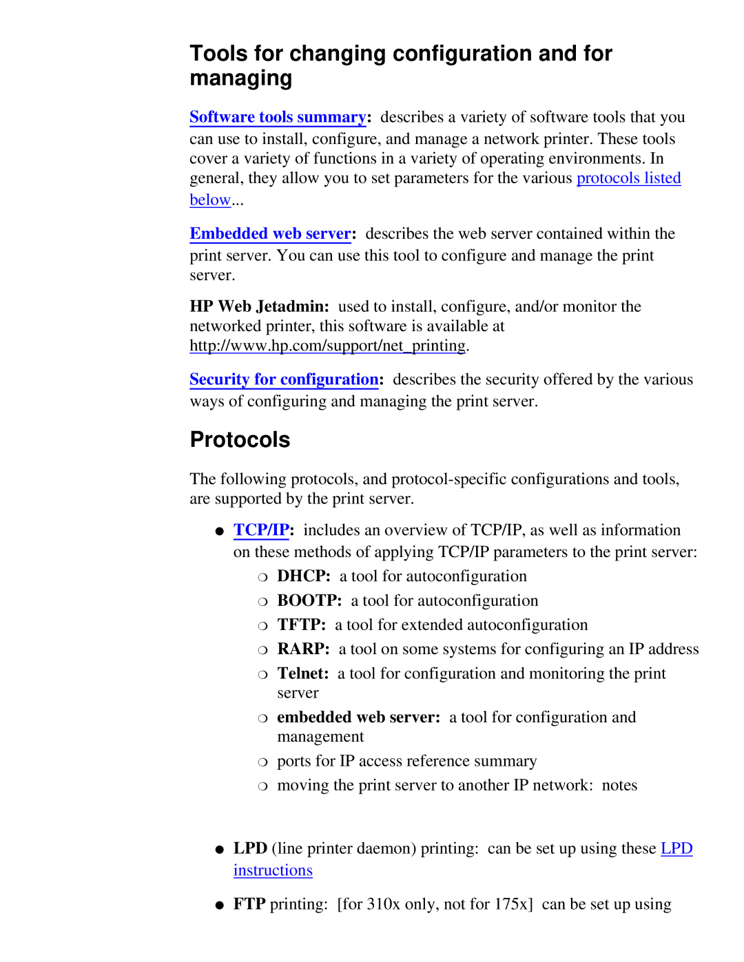 HP 310X, 175X manual Tools for changing configuration and for managing, Protocols 