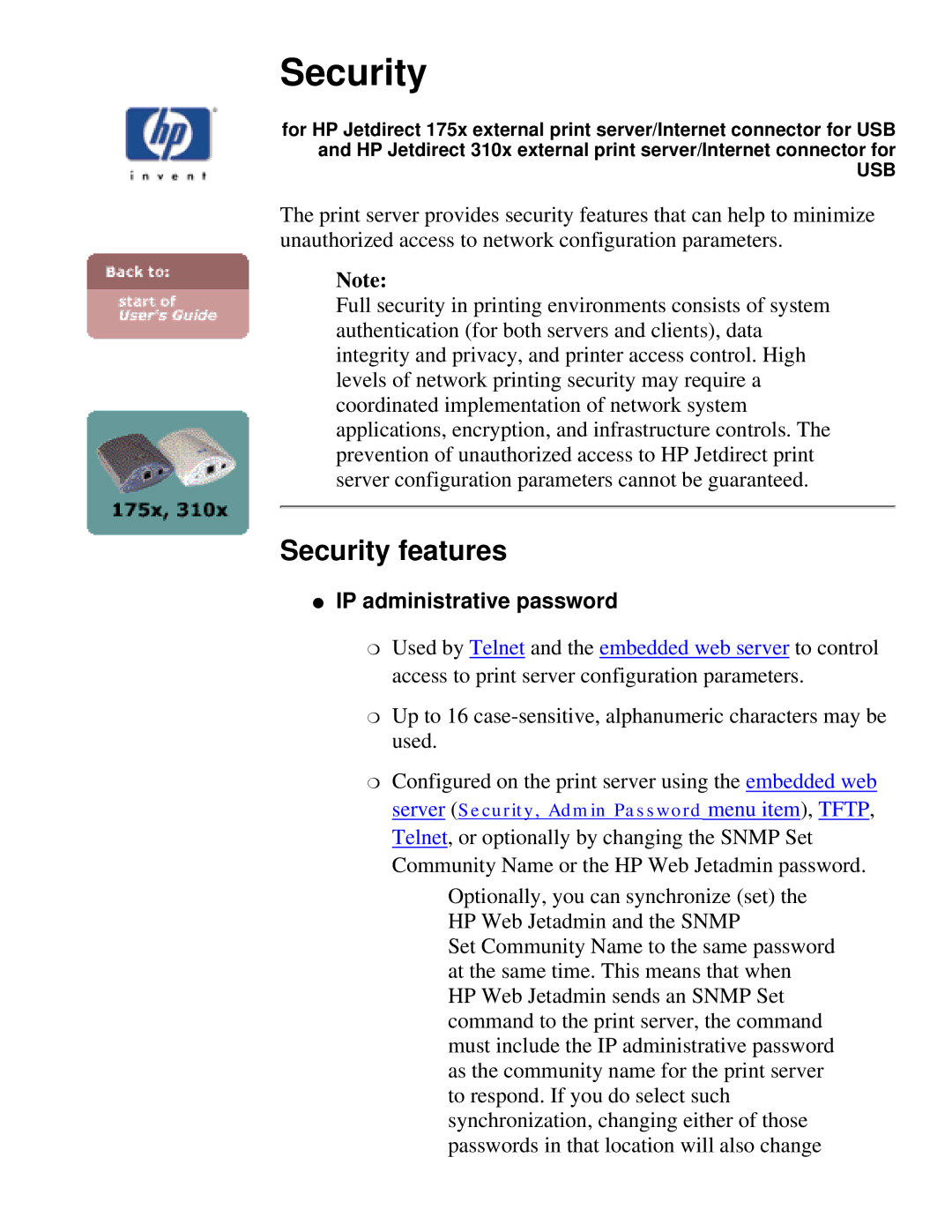 HP 310X, 175X manual Security features, IP administrative password 