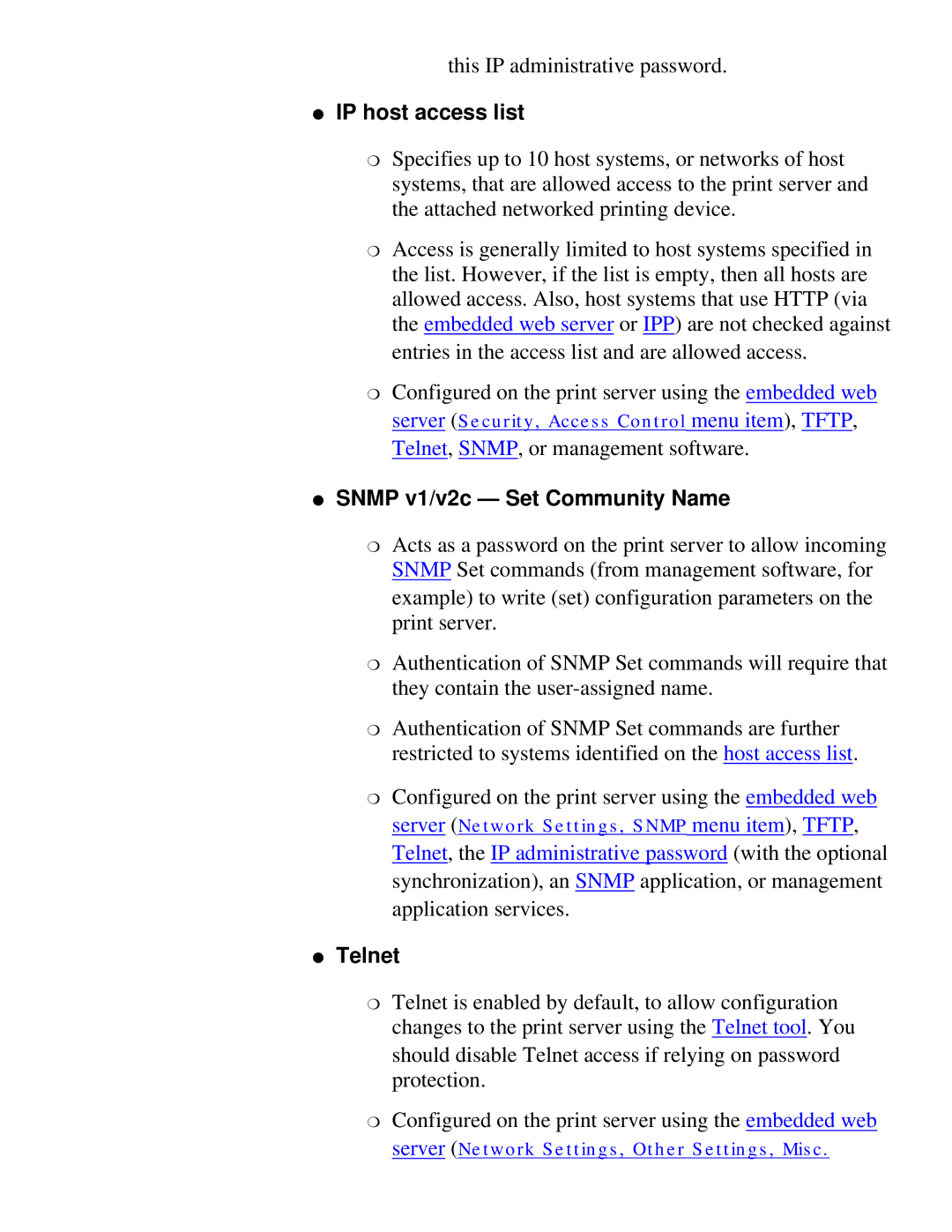 HP 175X, 310X manual IP host access list, Snmp v1/v2c Set Community Name, Telnet 