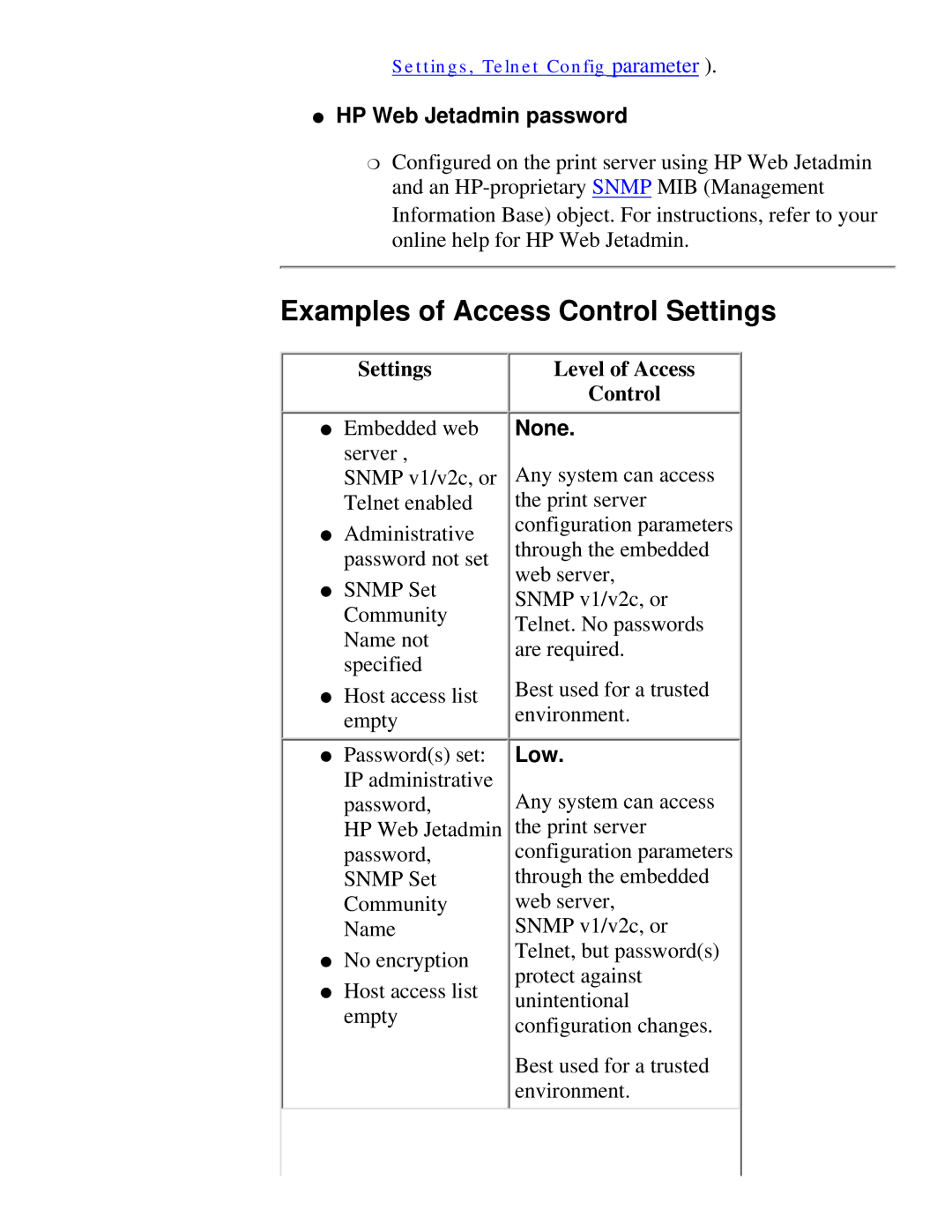 HP 310X, 175X manual Examples of Access Control Settings, HP Web Jetadmin password, None, Low 