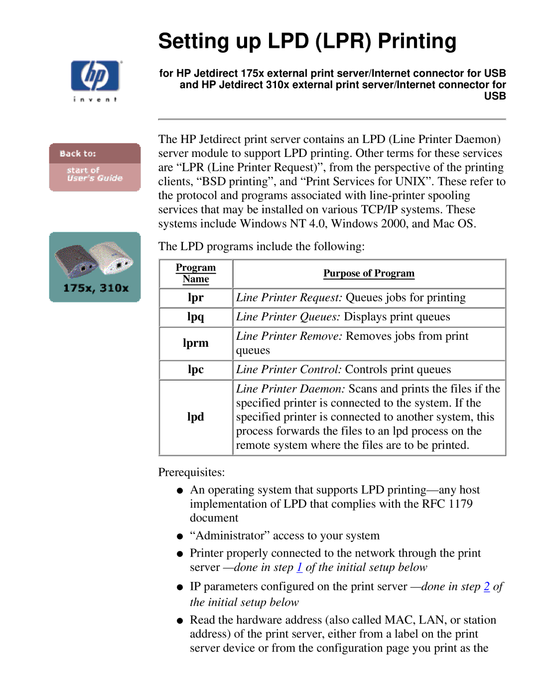 HP 310X, 175X manual Setting up LPD LPR Printing, Lprm 