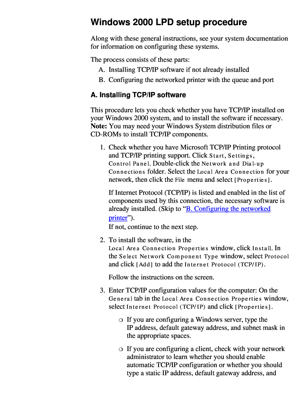 HP 175X, 310X manual Windows 2000 LPD setup procedure, printer”, A. Installing TCP/IP software 