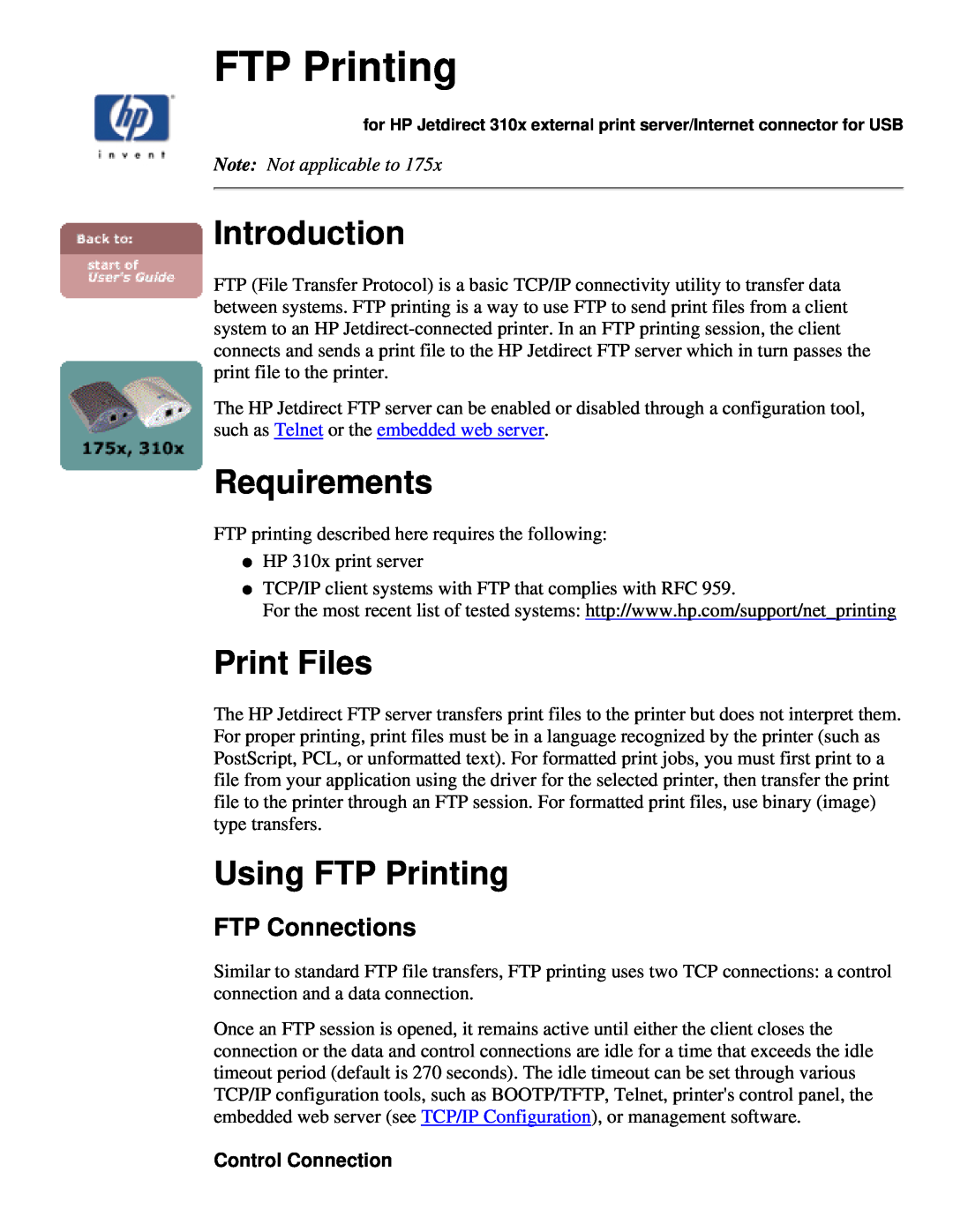 HP 175X, 310X Introduction, Requirements, Print Files, Using FTP Printing, FTP Connections, Note Not applicable to 
