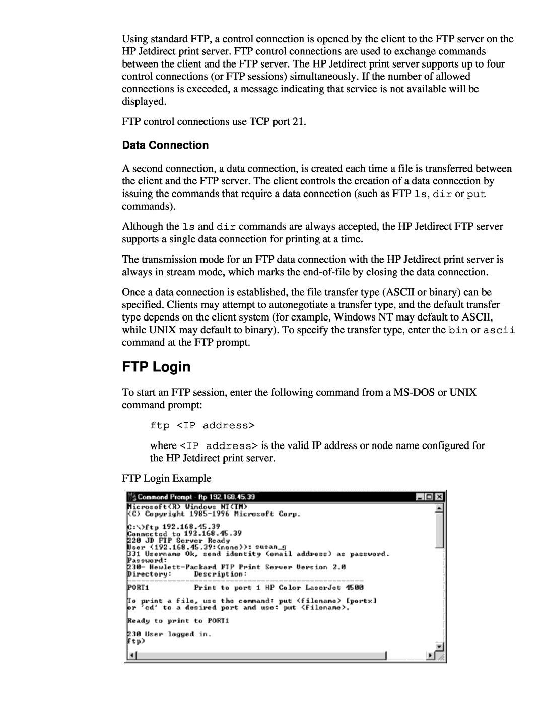 HP 310X, 175X manual FTP Login, Data Connection 