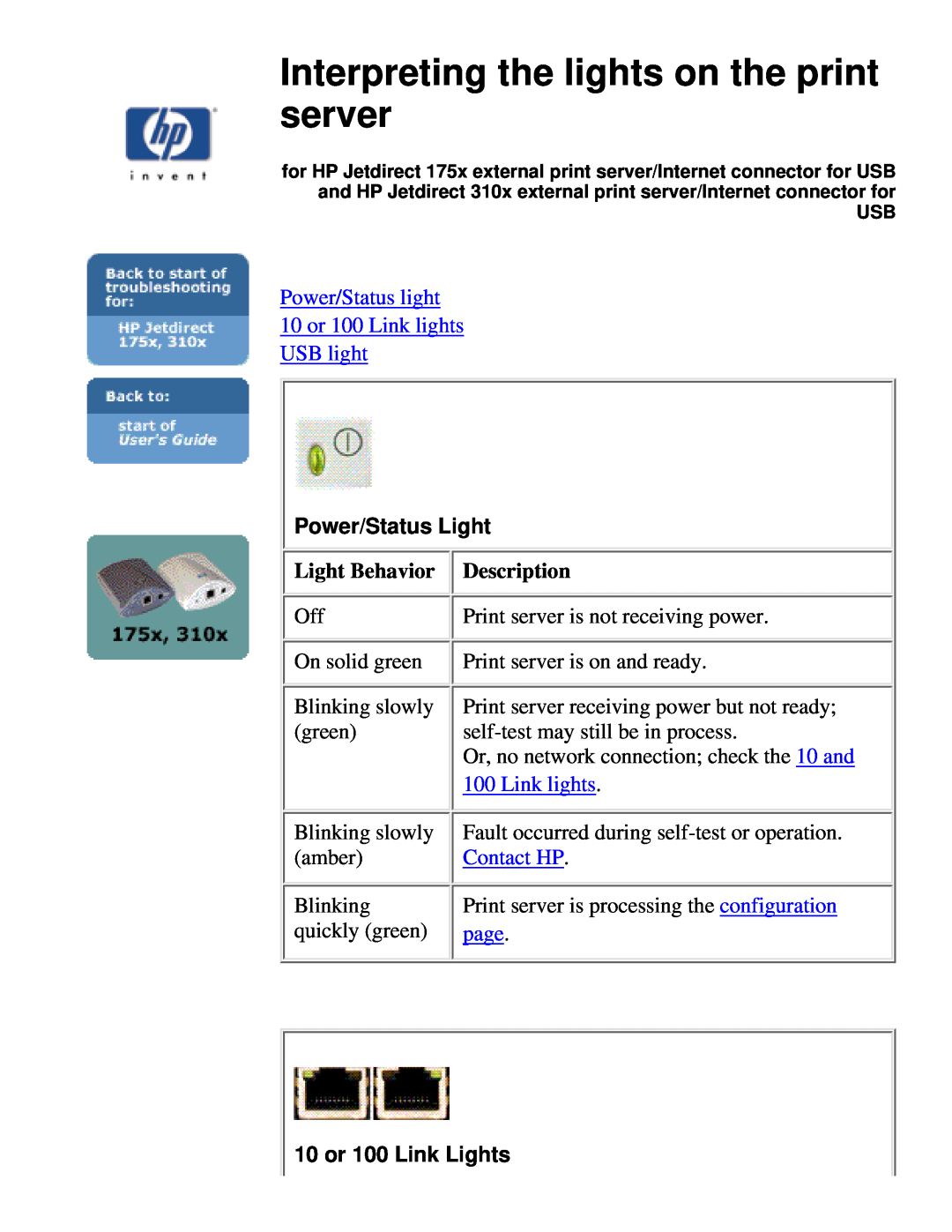 HP 310X Interpreting the lights on the print server, Power/Status light 10 or 100 Link lights USB light, Light Behavior 