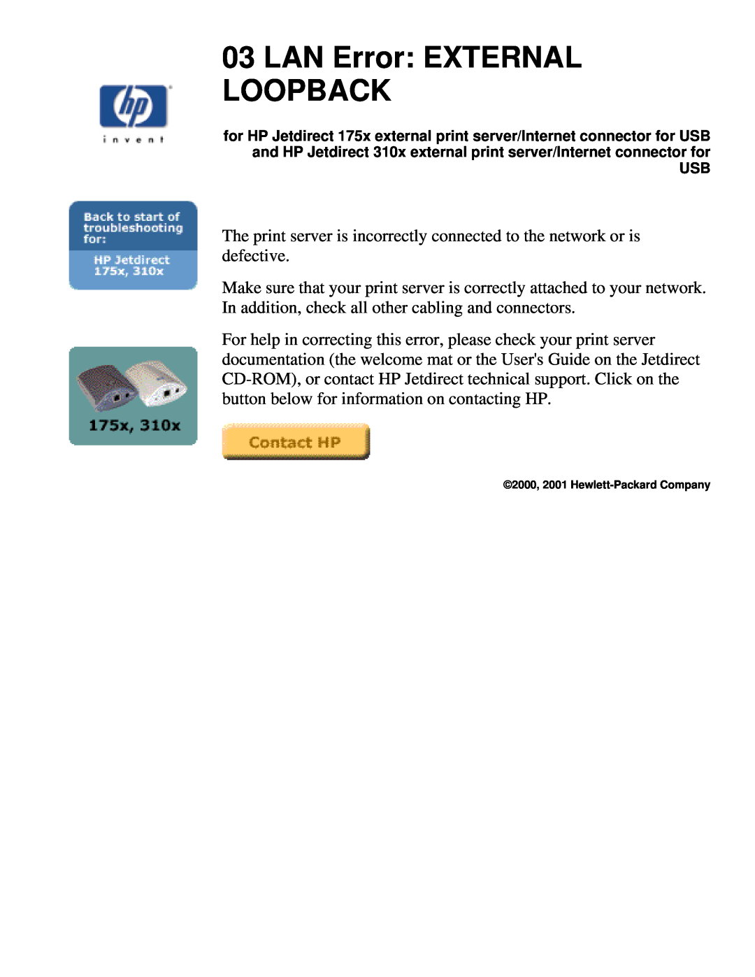 HP 310X, 175X manual LAN Error EXTERNAL LOOPBACK 