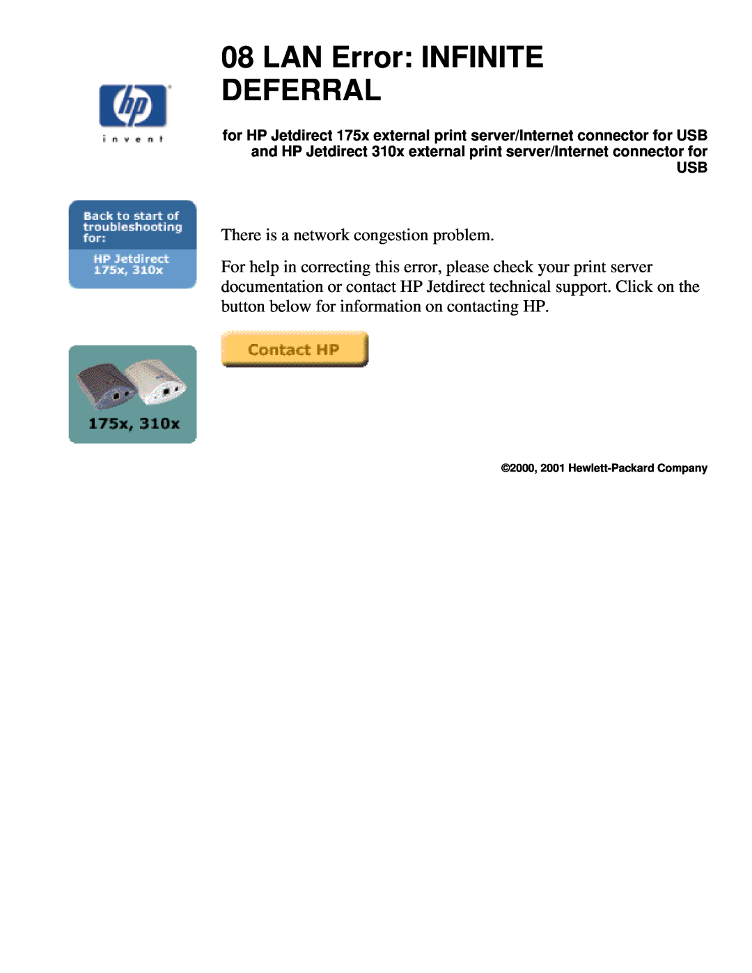 HP 175X, 310X manual LAN Error INFINITE DEFERRAL 