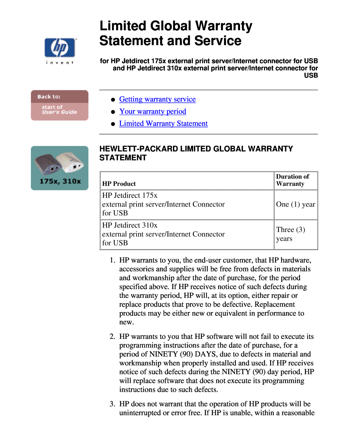 HP 310X, 175X manual Limited Global Warranty Statement and Service, Getting warranty service Your warranty period 