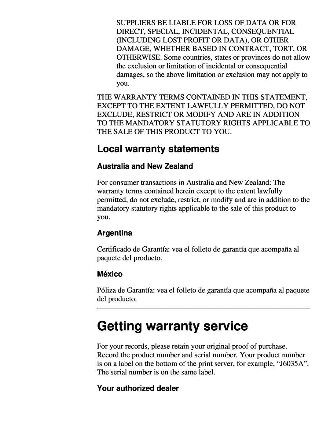 HP 310X, 175X manual Getting warranty service, Local warranty statements, Australia and New Zealand, Argentina, México 