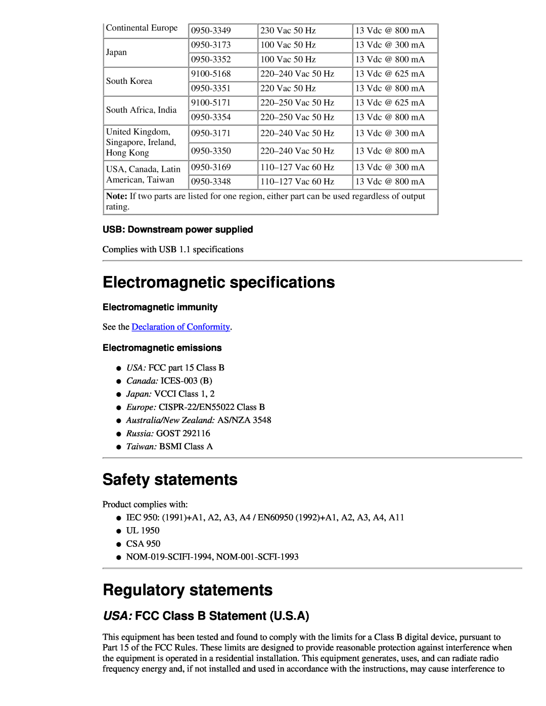 HP 310X, 175X Electromagnetic specifications, Safety statements, Regulatory statements, USA FCC Class B Statement U.S.A 