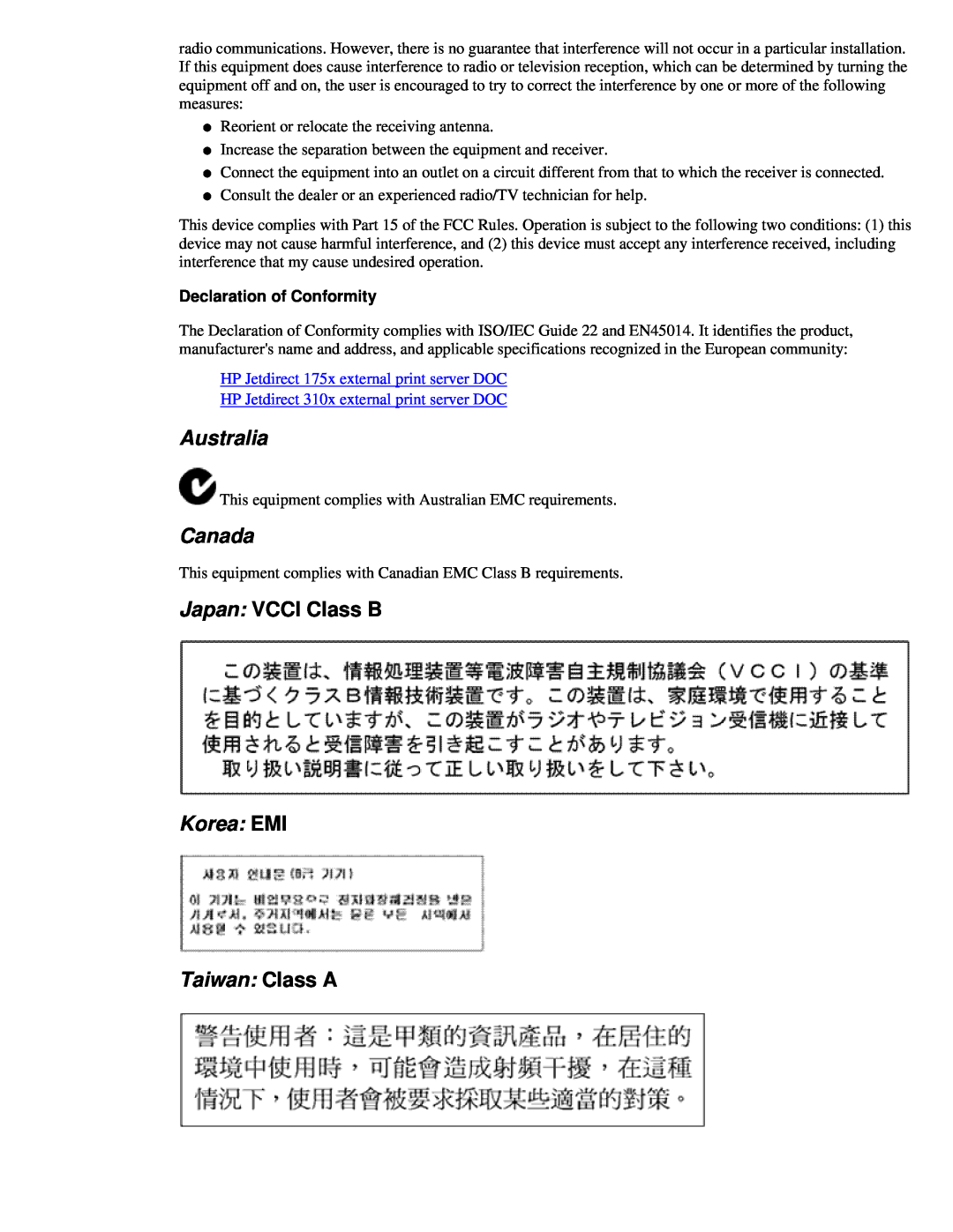 HP 175X, 310X manual Australia, Canada, Japan VCCI Class B, Korea EMI, Taiwan Class A, Declaration of Conformity 