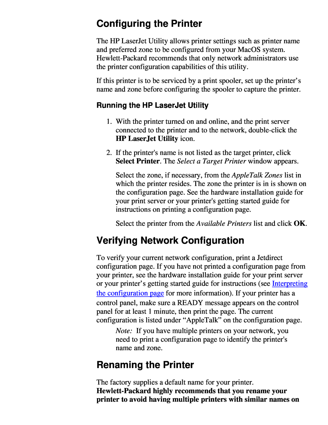 HP 310X Configuring the Printer, Verifying Network Configuration, Renaming the Printer, Running the HP LaserJet Utility 
