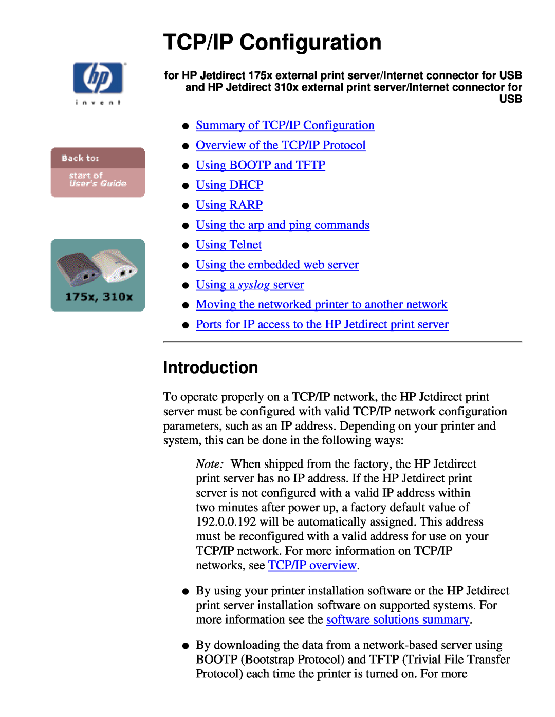 HP 310X, 175X manual Introduction, Summary of TCP/IP Configuration Overview of the TCP/IP Protocol 