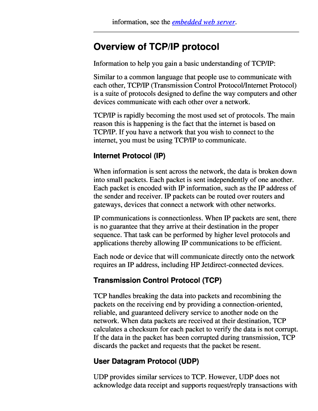 HP 310X Overview of TCP/IP protocol, Internet Protocol IP, Transmission Control Protocol TCP, User Datagram Protocol UDP 
