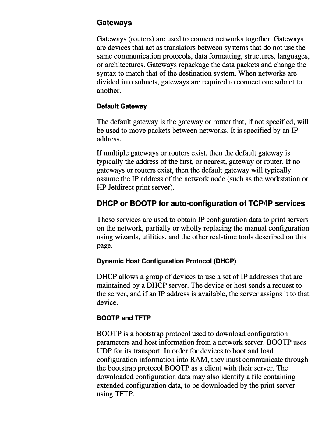 HP 310X, 175X manual Gateways, DHCP or BOOTP for auto-configuration of TCP/IP services, Default Gateway, BOOTP and TFTP 