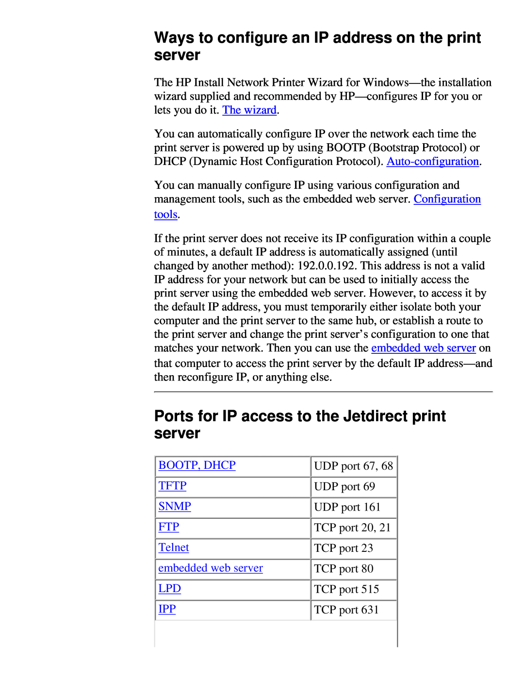 HP 175X Ways to configure an IP address on the print server, Ports for IP access to the Jetdirect print server, tools 