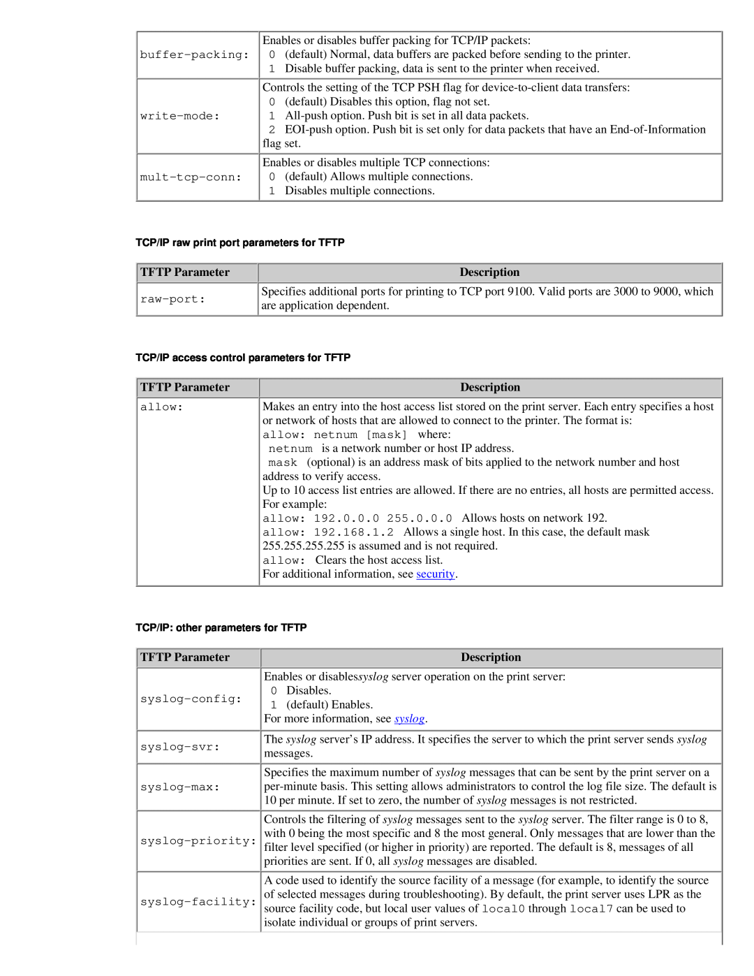 HP 310X, 175X manual TFTP Parameter, Description 