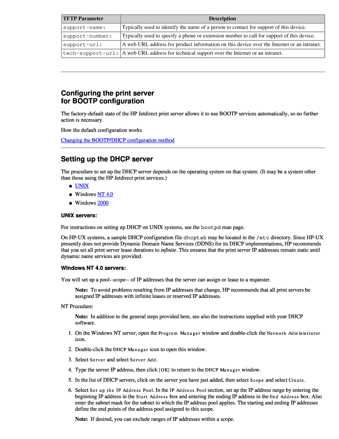 HP 310X Configuring the print server for BOOTP configuration, Setting up the DHCP server, TFTP Parameter, Description 