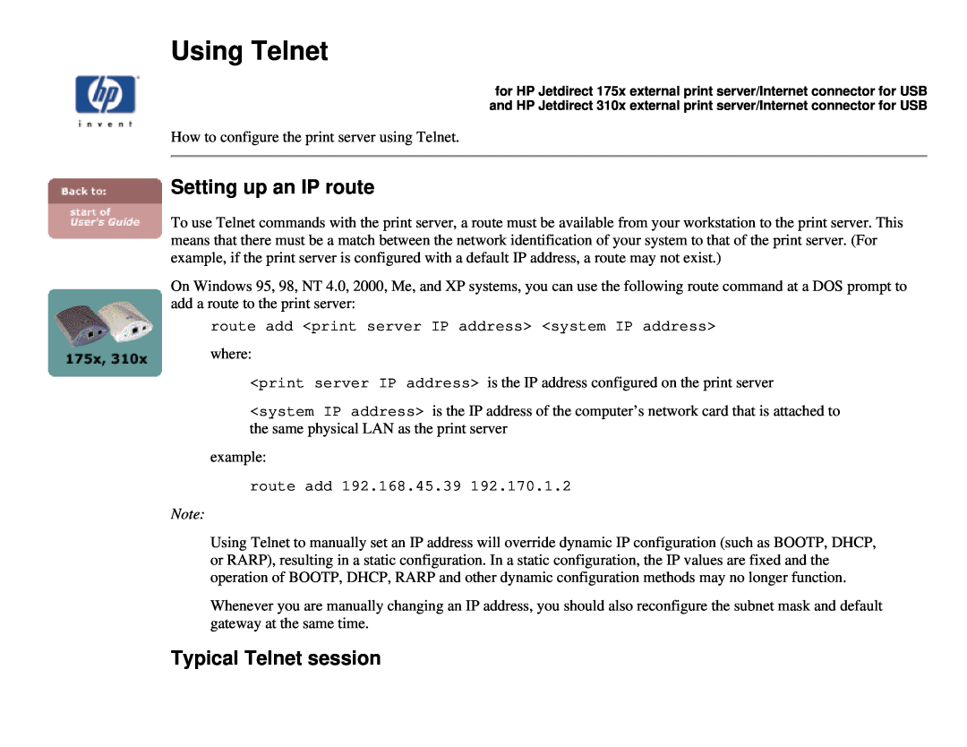 HP 310X, 175X manual Setting up an IP route, Typical Telnet session, Using Telnet 