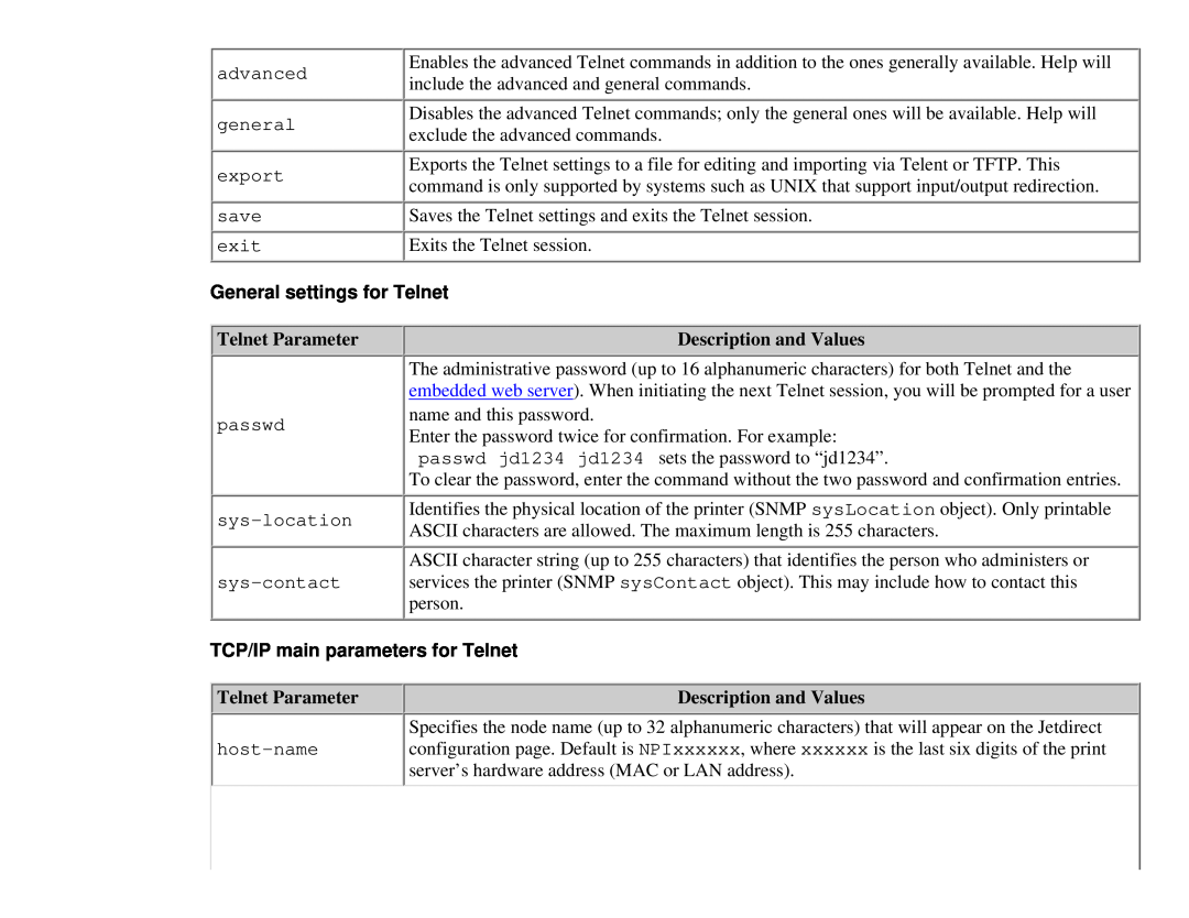 HP 175X, 310X General settings for Telnet, Telnet Parameter, Description and Values, TCP/IP main parameters for Telnet 