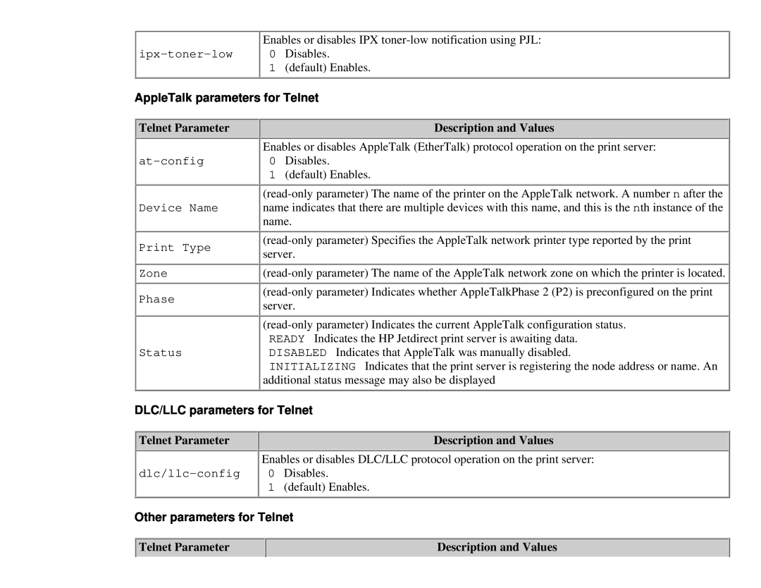 HP 175X AppleTalk parameters for Telnet, Telnet Parameter, Description and Values, DLC/LLC parameters for Telnet, Disables 