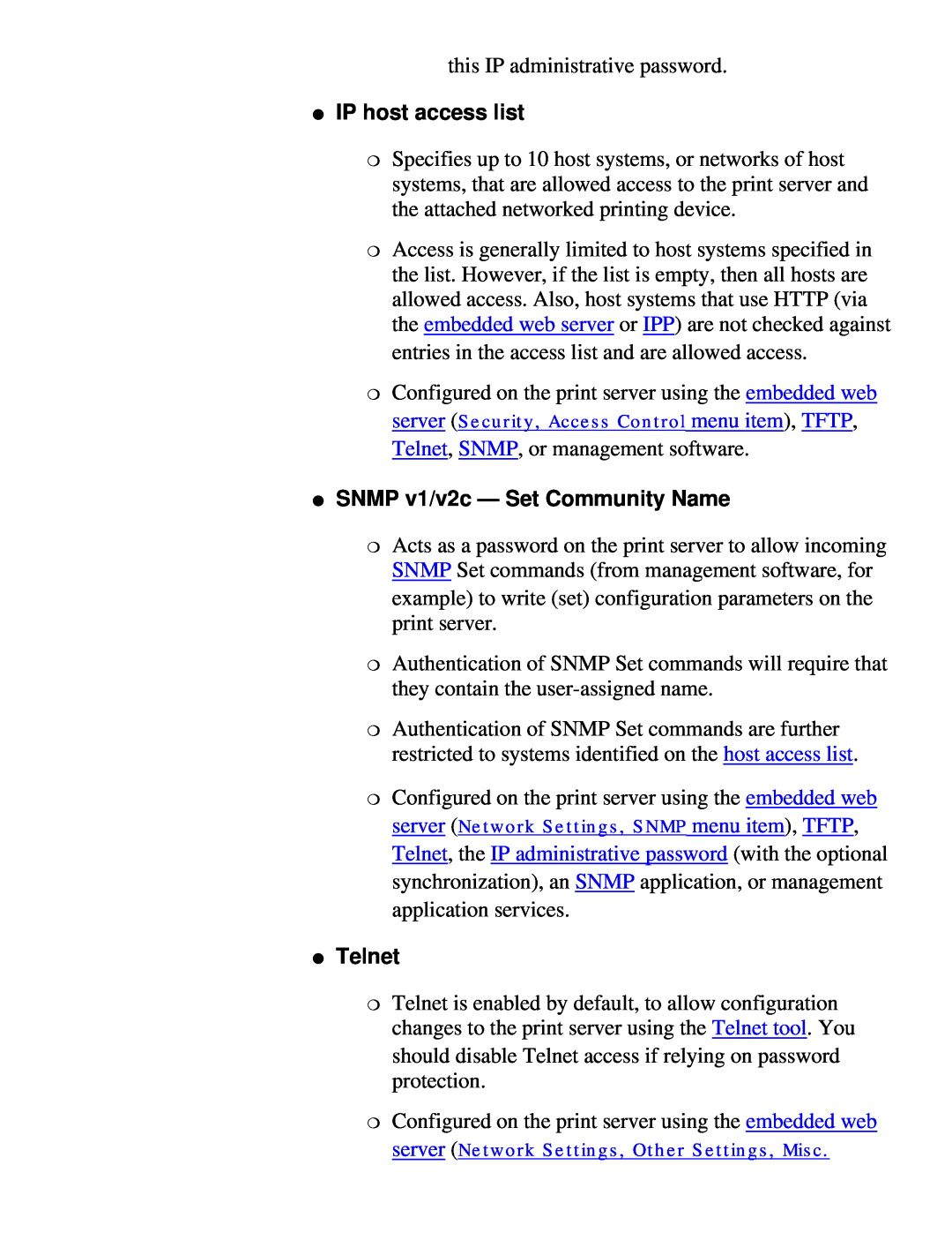HP 175X, 310X manual IP host access list, SNMP v1/v2c - Set Community Name, Telnet 