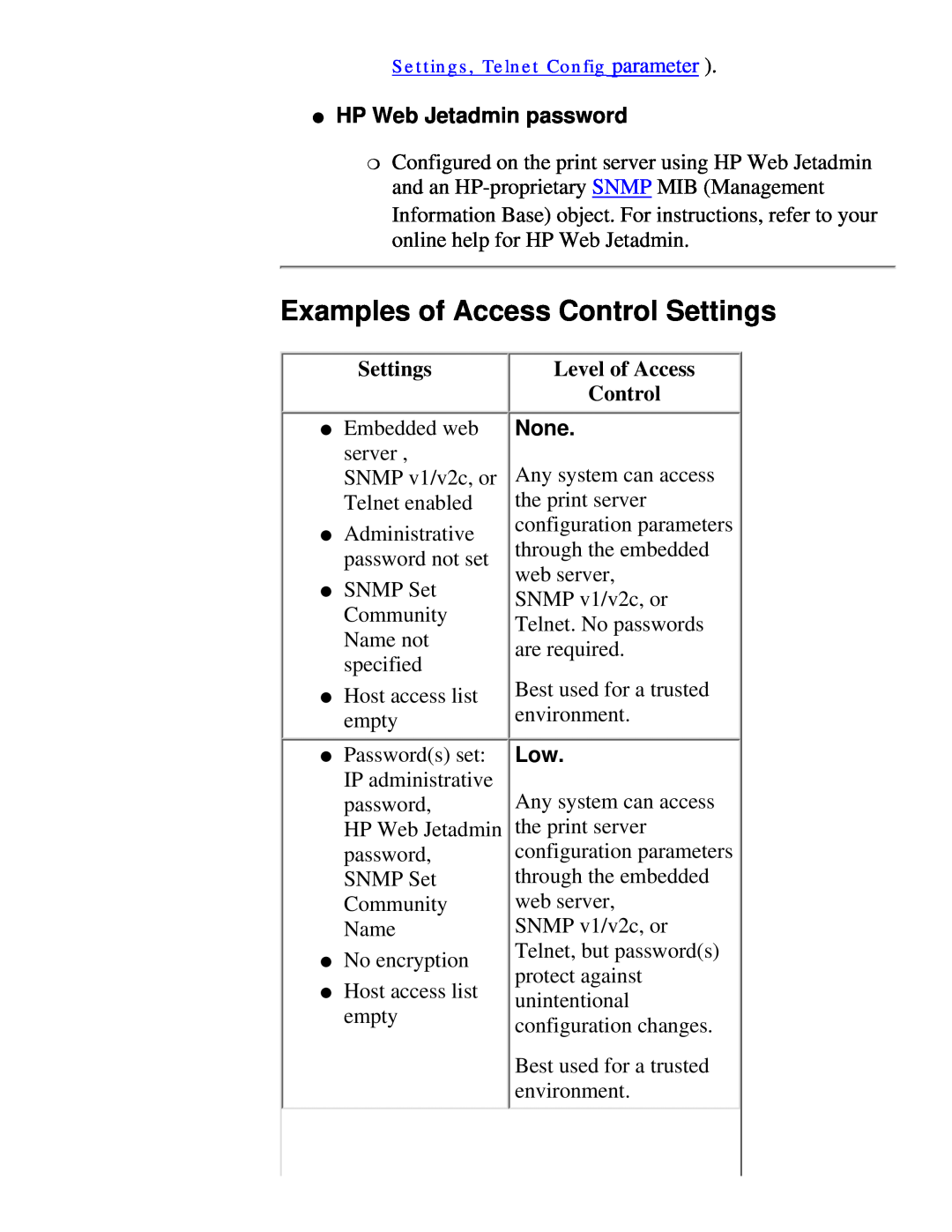 HP 310X, 175X manual Examples of Access Control Settings, HP Web Jetadmin password, None 