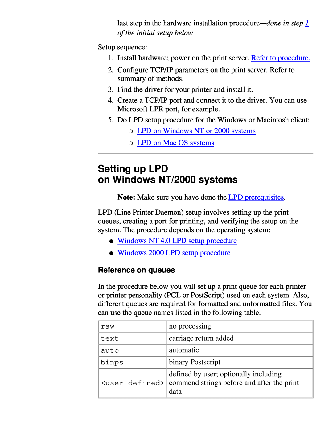 HP 175X, 310X manual Setting up LPD on Windows NT/2000 systems, of the initial setup below, Reference on queues 