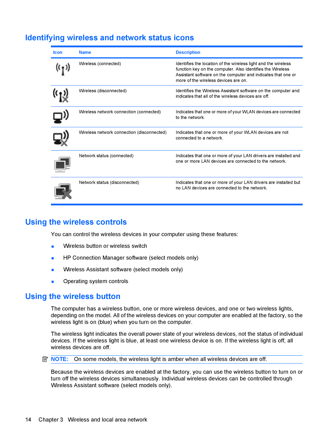 HP 3111000NR manual Identifying wireless and network status icons, Using the wireless controls, Using the wireless button 