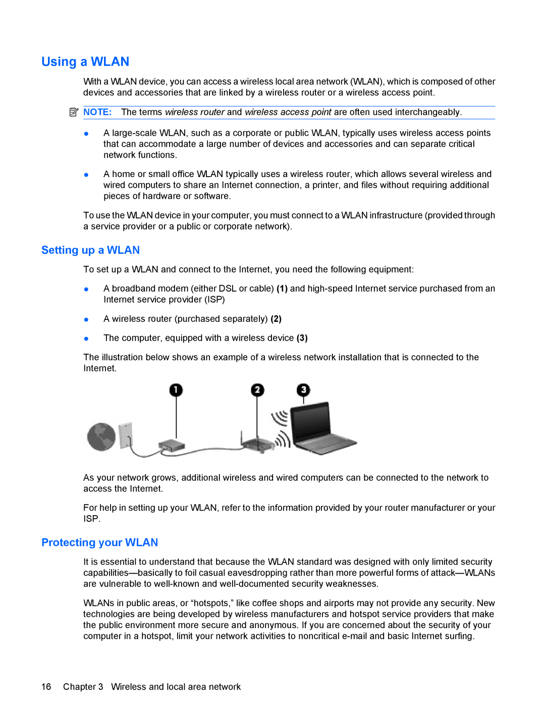 HP 3111000NR manual Using a Wlan, Setting up a Wlan, Protecting your Wlan 