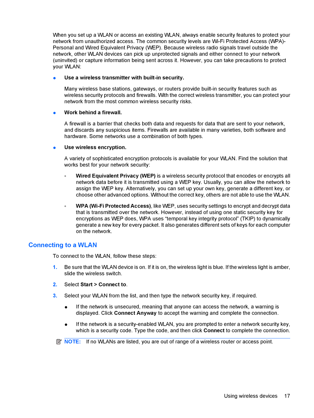 HP 3111000NR manual Connecting to a Wlan, Use a wireless transmitter with built-in security 