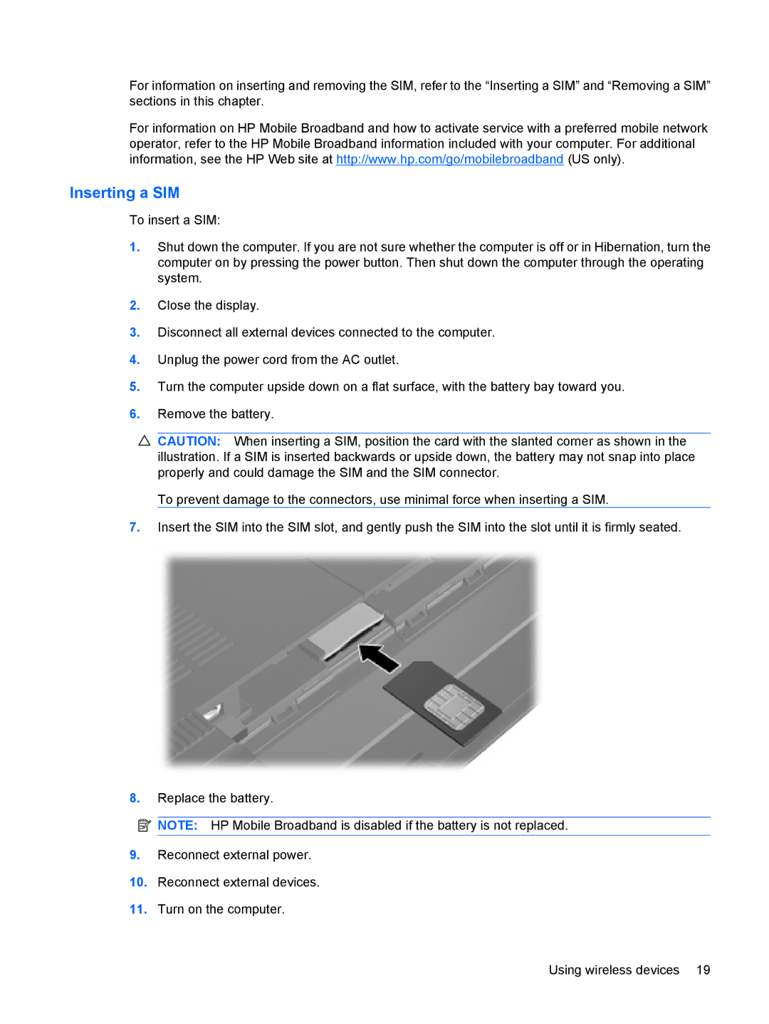 HP 3111000NR manual Inserting a SIM 