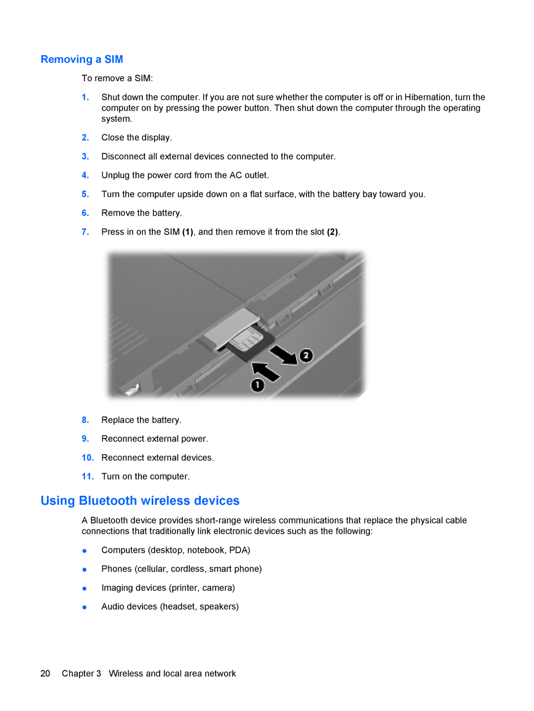 HP 3111000NR manual Using Bluetooth wireless devices, Removing a SIM 