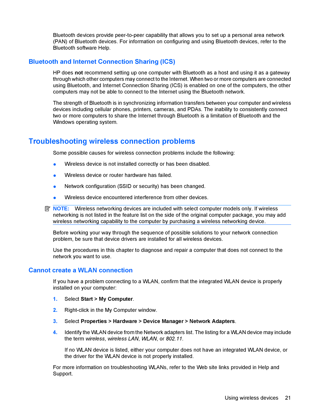 HP 3111000NR manual Troubleshooting wireless connection problems, Bluetooth and Internet Connection Sharing ICS 