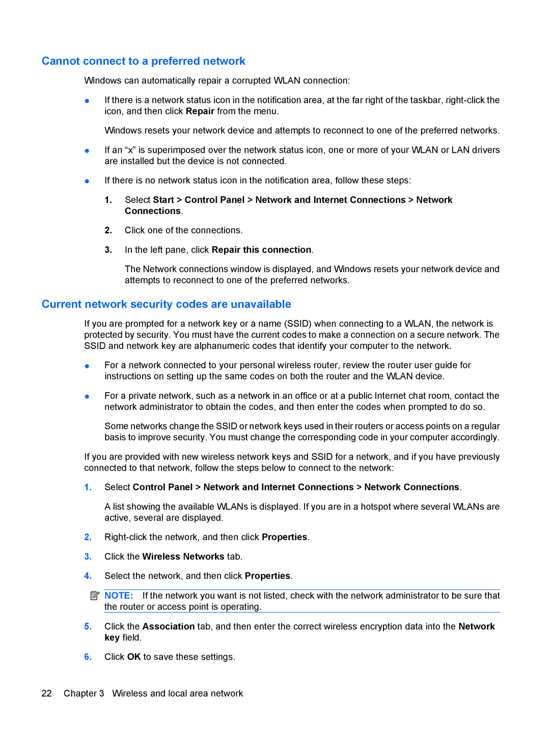 HP 3111000NR manual Cannot connect to a preferred network, Current network security codes are unavailable 