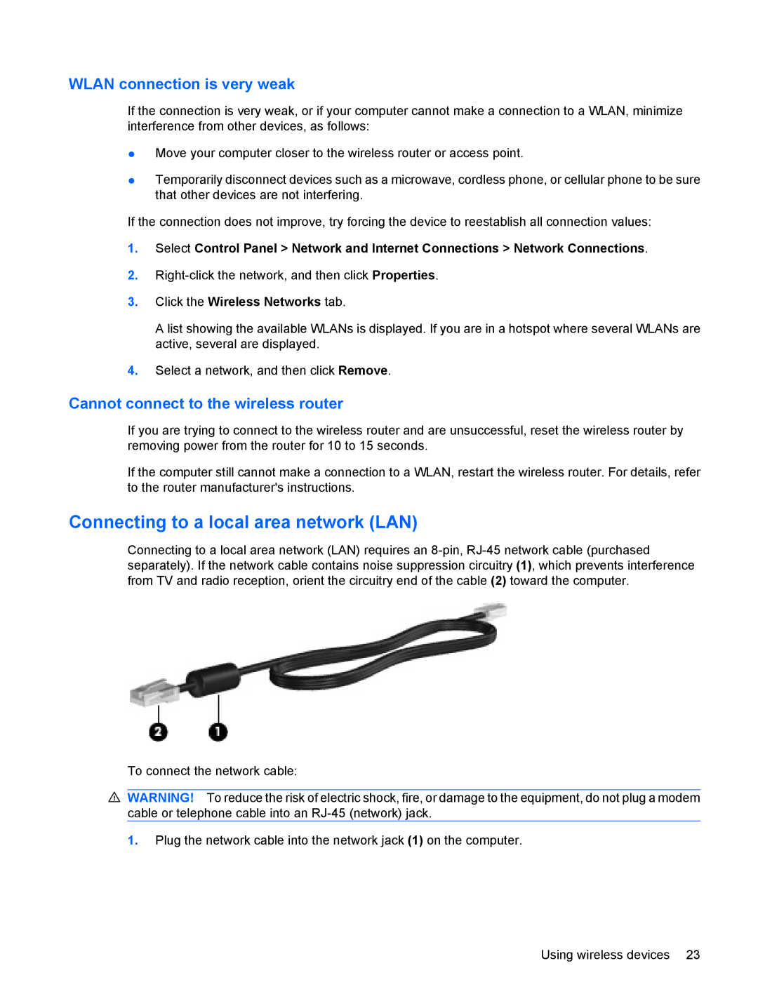 HP 3111000NR Connecting to a local area network LAN, Wlan connection is very weak, Cannot connect to the wireless router 