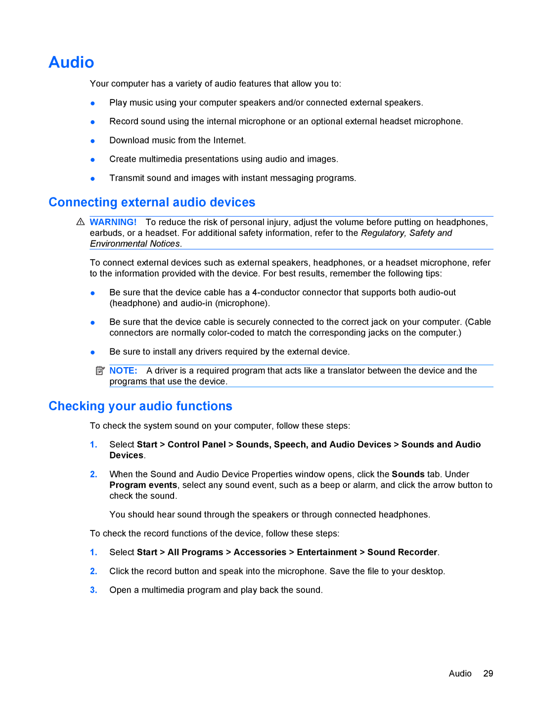 HP 3111000NR manual Audio, Connecting external audio devices, Checking your audio functions 