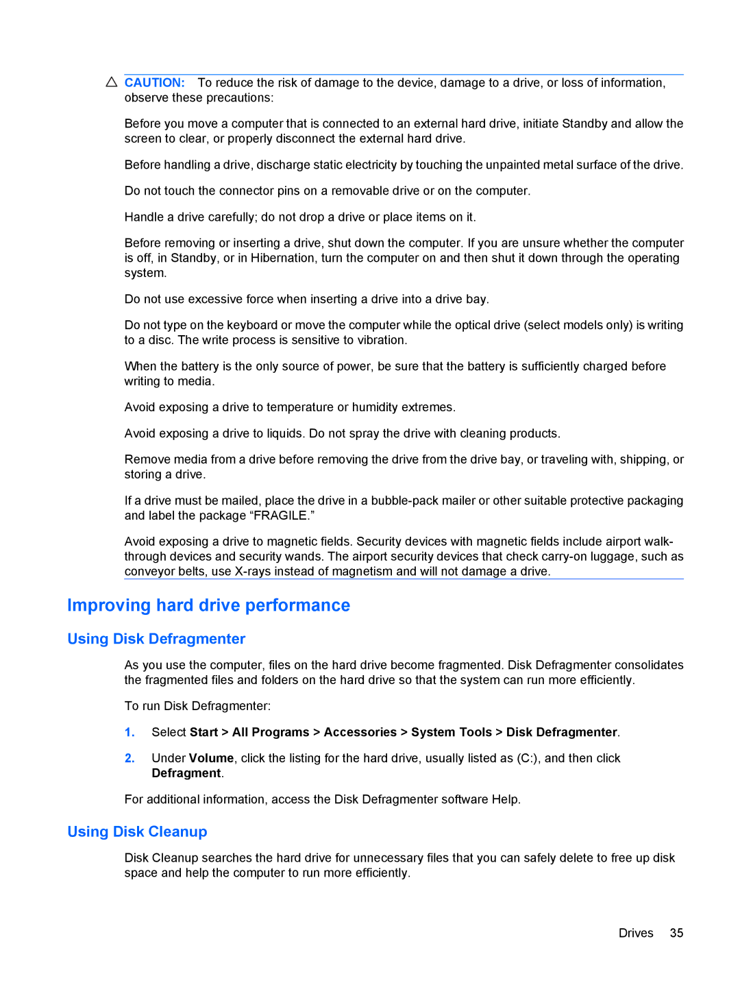 HP 3111000NR manual Improving hard drive performance, Using Disk Defragmenter, Using Disk Cleanup 