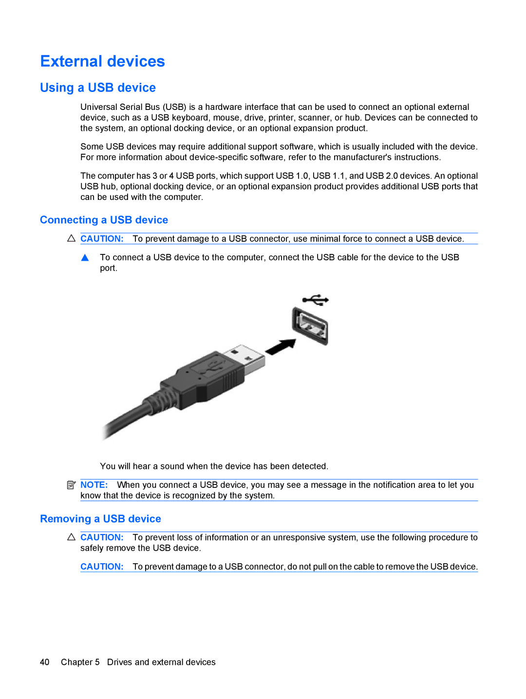 HP 3111000NR manual External devices, Using a USB device, Connecting a USB device, Removing a USB device 