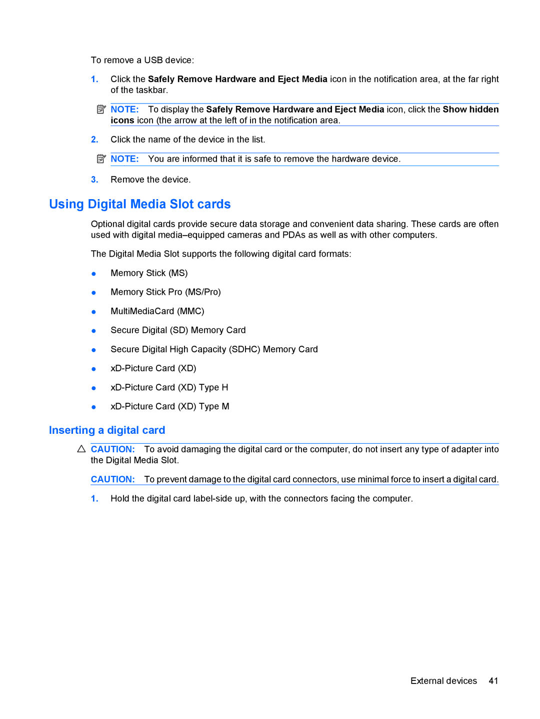 HP 3111000NR manual Using Digital Media Slot cards, Inserting a digital card 