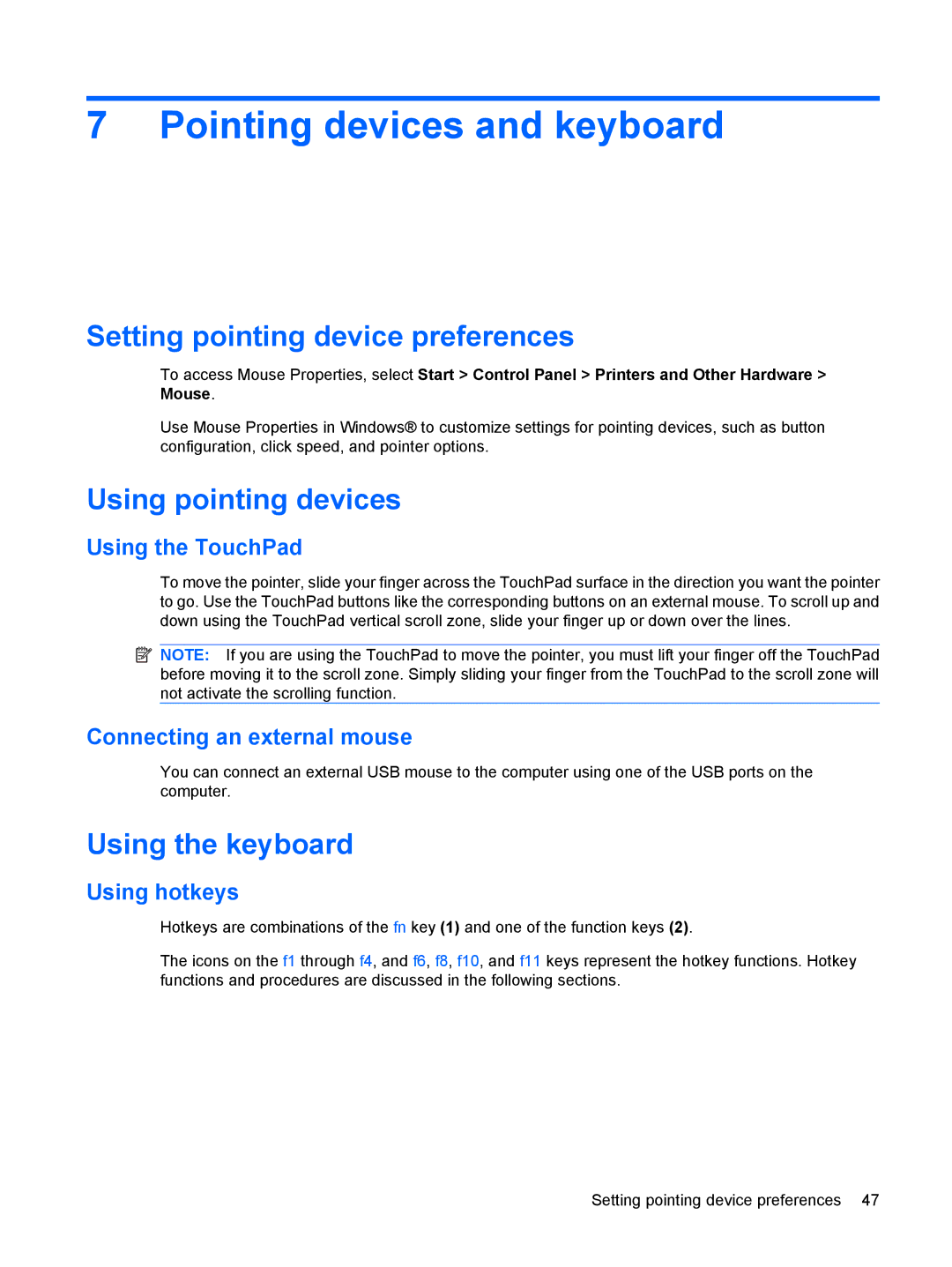 HP 3111000NR manual Pointing devices and keyboard, Setting pointing device preferences, Using pointing devices 